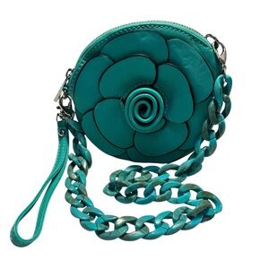 Round Floral Teal Wristlet Clutch with Chain Strap